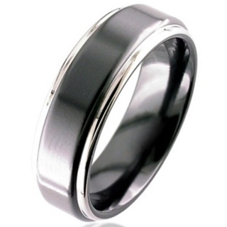 Two Tone Flat Profile Black Zirconium Ring 