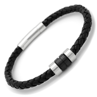 Black Leather Woven Bracelet with Black Links
