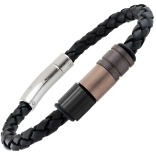 Black Plaited Bolo Leather Bracelet with Titanium Beads