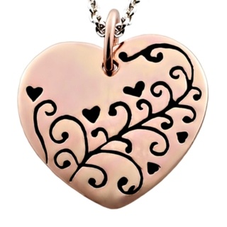 Polished Rose Gold Heart with Floral Design Charm Necklace