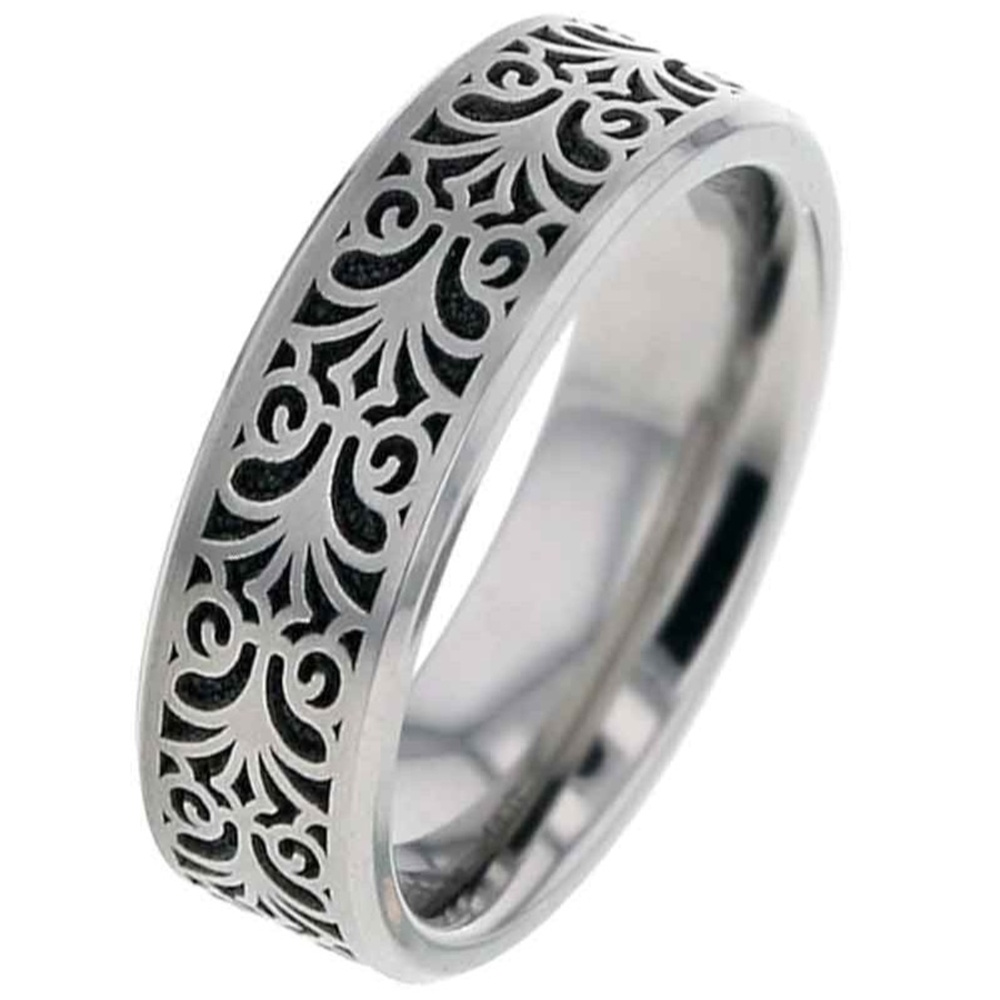 Flat Profile Titanium Wedding Ring with Baroque Design | Titanium Rings ...
