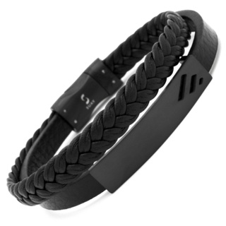 Double Strand Black Leather Bracelet with Black Central Feature