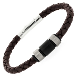 Two-Tone Titanium Brown Leather Bracelet Leather 