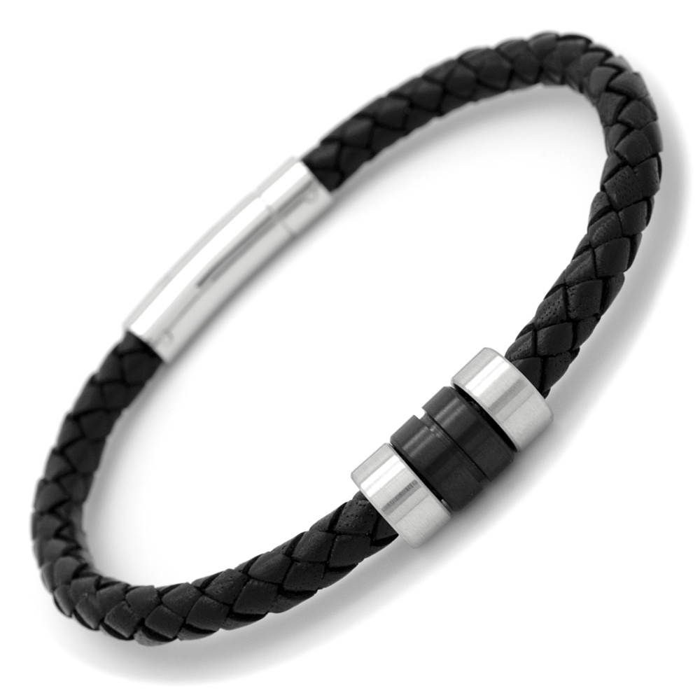 Black Leather Woven Bracelet with Black Links | Leather Bracelets ...