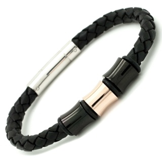 Black & Rose Gold Titanium Beads on a Woven Black Leather Bracelet