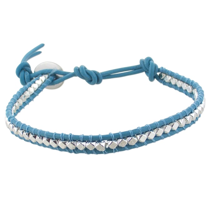 Light Blue Leather Adjustable Friendship Bracelet with Silver Beads ...