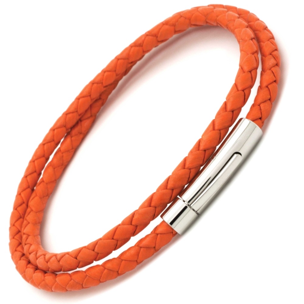 Plaited Orange Leather Bracelet with Stainless Steel Clasp