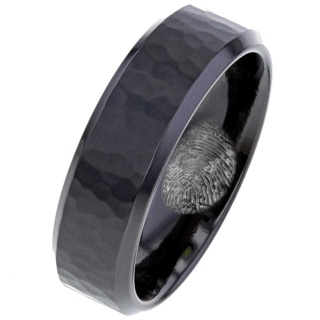 Hammered Black Zirconium Ring with a Hidden Fingerprint