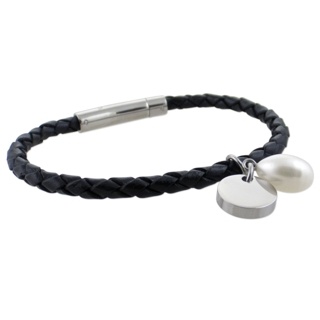 Black Slim Woven Leather Bracelet with a Pearl Charm