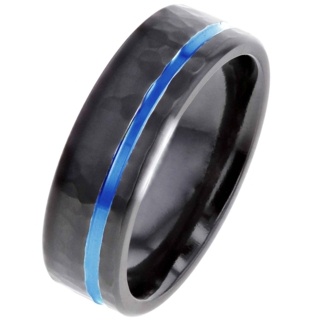 Hammered Black Zirconium Ring with Off-Centre Blue Stripe