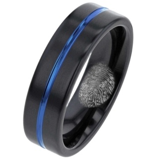 Black Zirconium Ring with Fingerprint and Blue Stripe