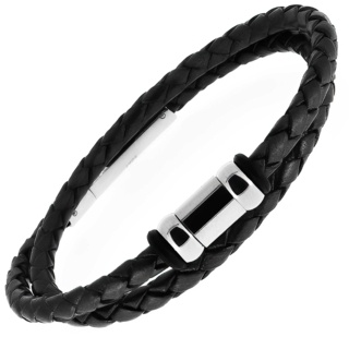 Black Woven Leather Bracelet with Titanium Beads