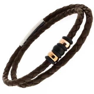 Brown Plaited Leather Double Wrap Bracelet with Titanium Beads