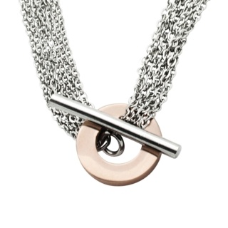 Stainless Steel T-Bar Necklace with Rose Gold Circle