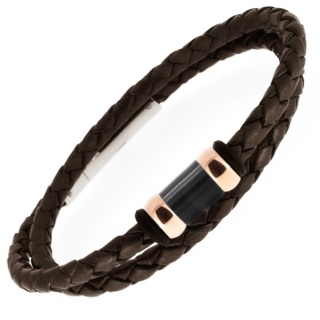 Brown Woven leather Bracelet with Titanium Beads
