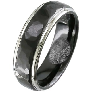 Hammered Two-tone Black Zirconium Wedding Ring With Fingerprint