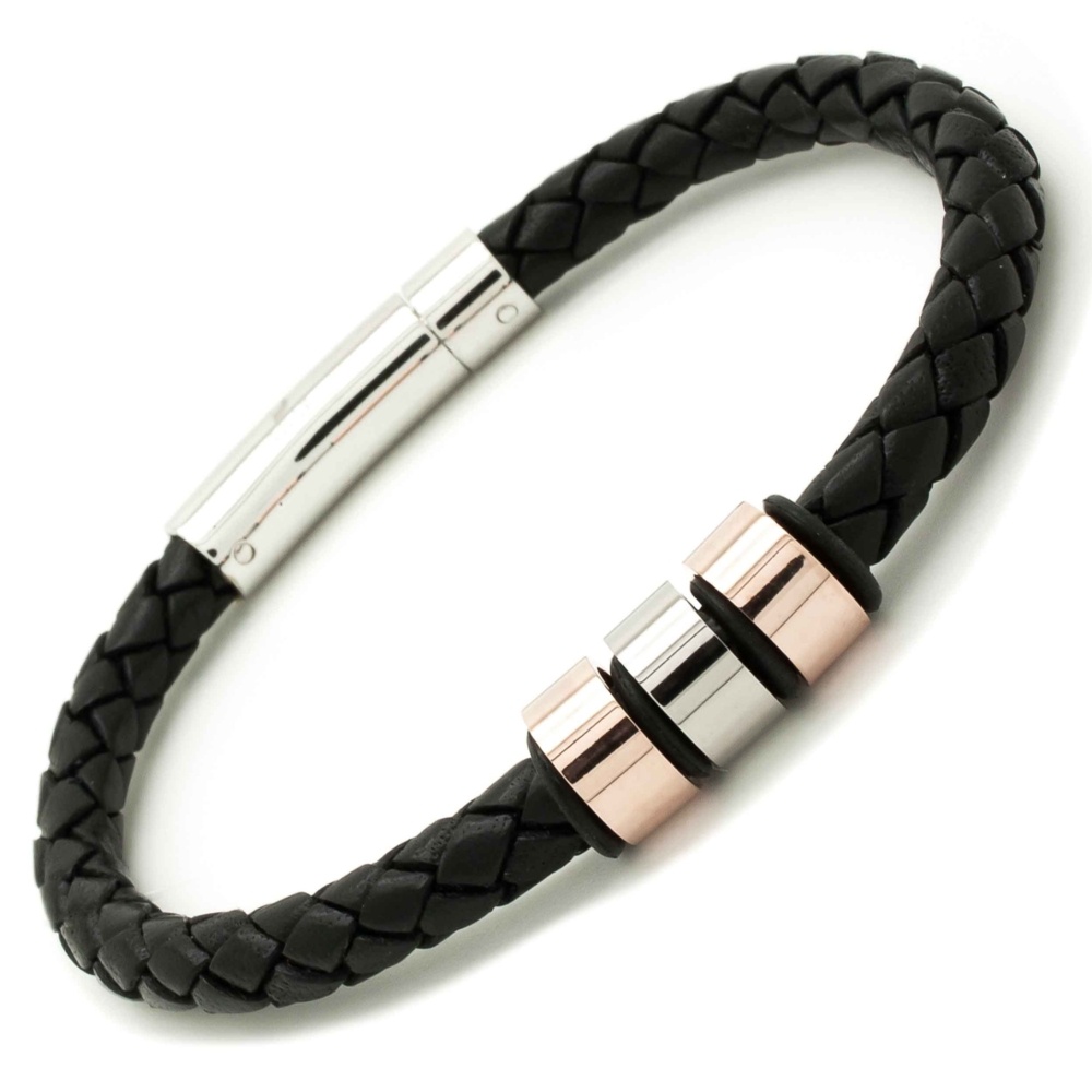 Black Woven Leather Bracelet with Rose Gold Titanium Beads | Leather ...