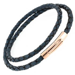 Blue Grey Double Wraparound Leather Bracelet with Rose Gold Clasp
