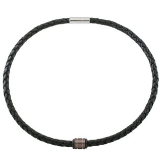 Woven Black Leather Necklace with Channeled Coffee Coloured Titanium Bead