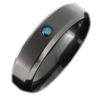 Flat Profile Zirconium Wedding Ring with Blue Diamond
