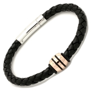 Black Woven Leather Bracelet with a High Polished Rose Hold Titanium Bead