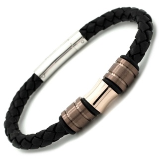 Coffee & Rose Gold Titanium Beads on a Black Woven Leather Bracelet