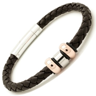 Woven Brown Leather Bracelet with Rose Gold Titanium Beads