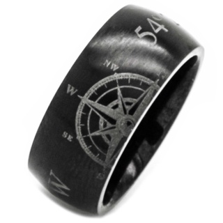Personalised Coordinates with Antique Compass Black Titanium Ring