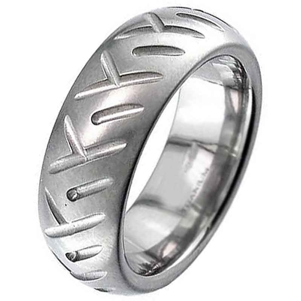 Dome Profile Titanium Ring with Motorbike Tyre Tread Pattern | Silver ...