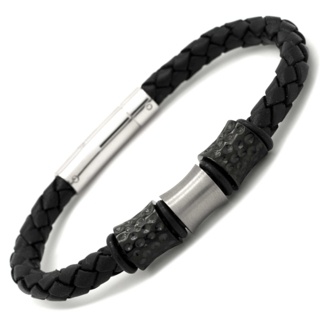 Black Titanium Beads on a Black Woven Leather Bracelet