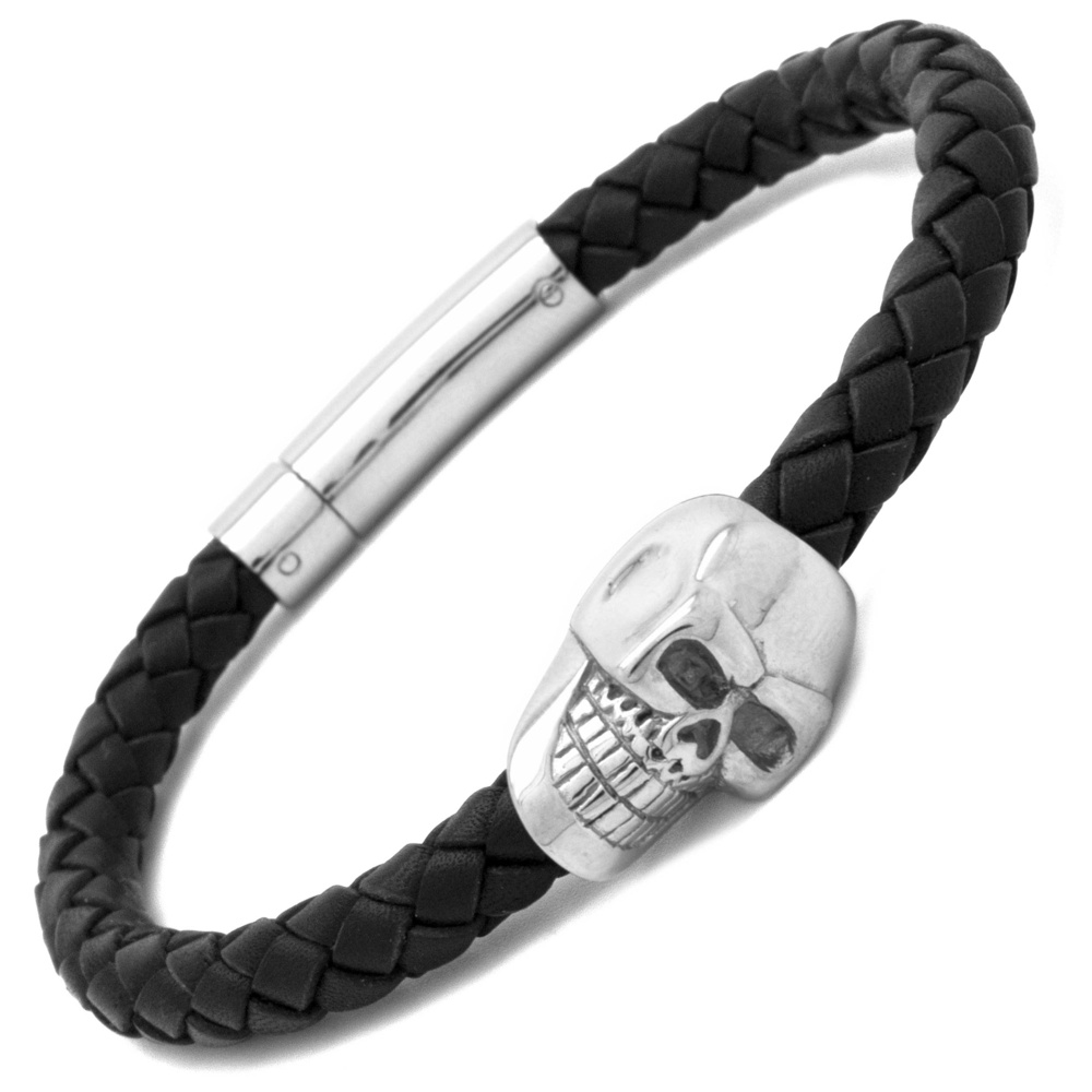 Black Woven Leather Skull Bracelet | Leather Bracelets | Suay Design