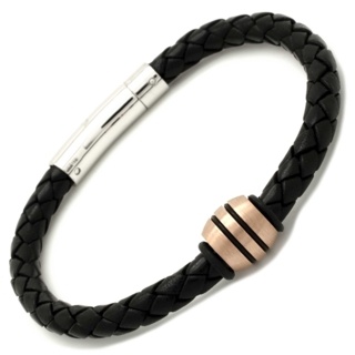 Black Woven Leather Bracelet with a Satin Rose Gold Titanium Bead