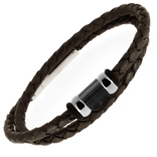 Brown Woven Leather Bracelet with Titanium Beads