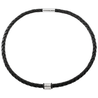 Black Woven Leather Necklace with Polished Titanium Bead