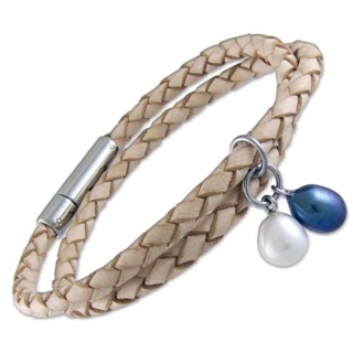 Natural Double Wraparound Plaited Leather With Two Pearls