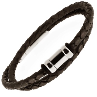 Brown Woven Leather Bracelet with Titanium Beads