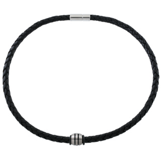 Woven Black Leather Necklace with Stripe Detailed Titanium Bead