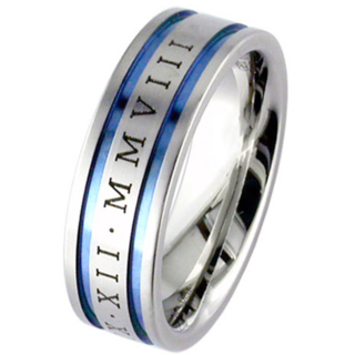 Customised Flat Profile Zirconium Wedding Ring with Anodised Roman Numerals