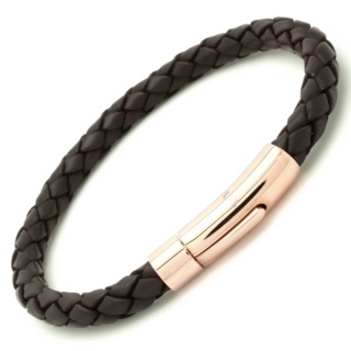 Brown Woven Leather Bracelet with Rose Gold Clasp