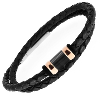 Black Woven Double Wrap Leather Bracelet with Titanium Beads