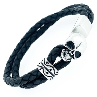 Black Woven Leather Skull Bracelet