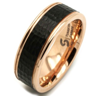Rose Gold Tungsten Ring with Central Black Hammered Centre