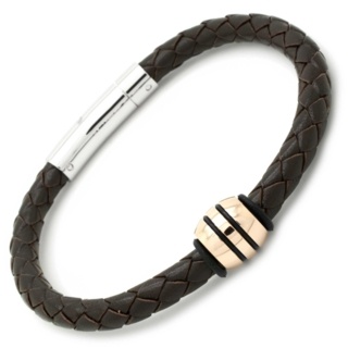 Brown Woven Leather Bracelet with a High Polished Rose Gold Titanium Bead