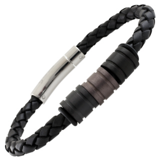 Black Plaited Bolo Leather Bracelet with Black & Coffee Titanium Beads