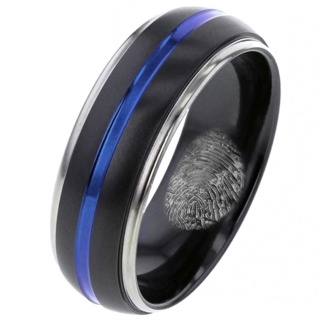Hidden Fingerprint Zirconium Ring with Blue Stripe