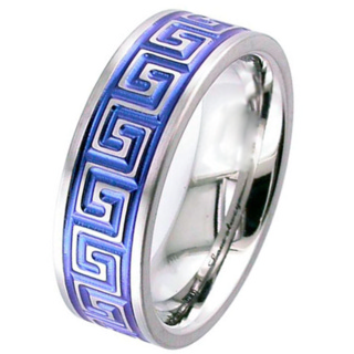 Flat Profile Zirconium Ring with Blue Aztec Design