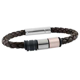 Brown Plaited Bolo Leather Bracelet with Rose Gold & Black Titanium Beads