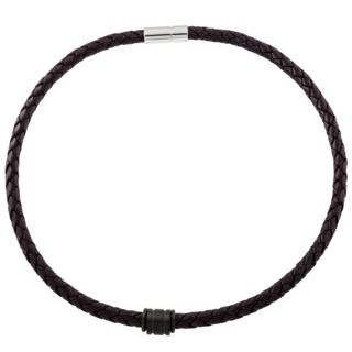 Woven Brown Leather Necklace with Channeled Black Titanium Bead