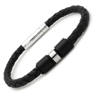 Woven Black Leather Bracelet with Titanium Beads
