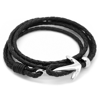 Black Plaited Leather Anchor Bracelet